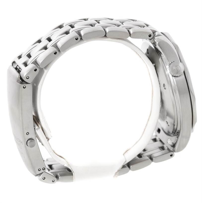 The image shows a side view of the Omega Seamaster 2531.80.00 Men
s Stainless Steel Blue Dial 2531.80.00 Men
s Stainless Steel Blue Dial watch, focusing on the bracelet and the case, including the crown.