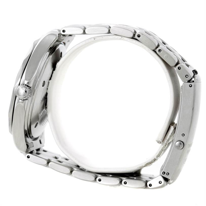 The image shows a side view of an Omega Seamaster 2531.80.00 Men
s Stainless Steel Blue Dial 2531.80.00 Men
s Stainless Steel Blue Dial watch, highlighting its stainless steel case and bracelet.