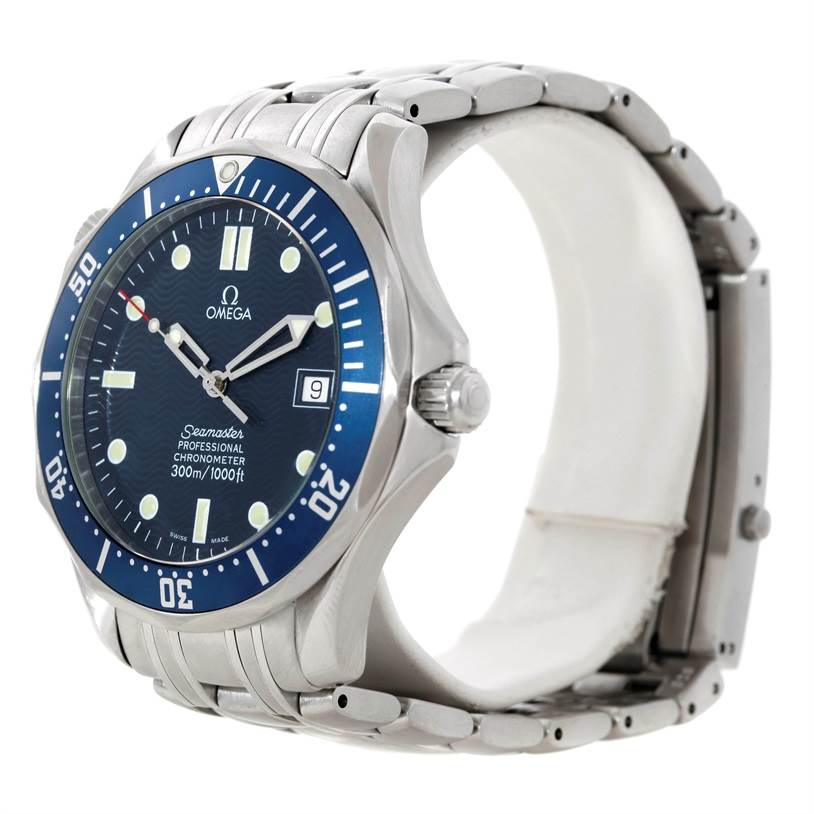 The Omega Seamaster 2531.80.00 Men
s Stainless Steel Blue Dial 2531.80.00 Men
s Stainless Steel Blue Dial watch is shown at a side angle, highlighting the blue dial, bezel, crown, and part of the bracelet.