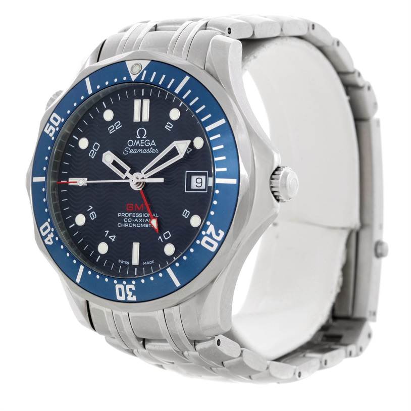 The Omega Seamaster 2535.80.00 Men
s Stainless Steel Blue Dial 2535.80.00 Men
s Stainless Steel Blue Dial watch is shown from a front-right angle, highlighting its bezel, face, and metal wristband.