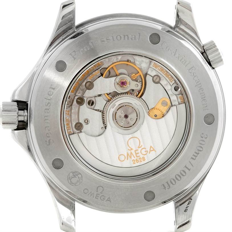 This image shows the back view of the Omega Seamaster 2535.80.00 Men
s Stainless Steel Blue Dial 2535.80.00 Men
s Stainless Steel Blue Dial watch, highlighting its Co-Axial escapement and movement mechanism.