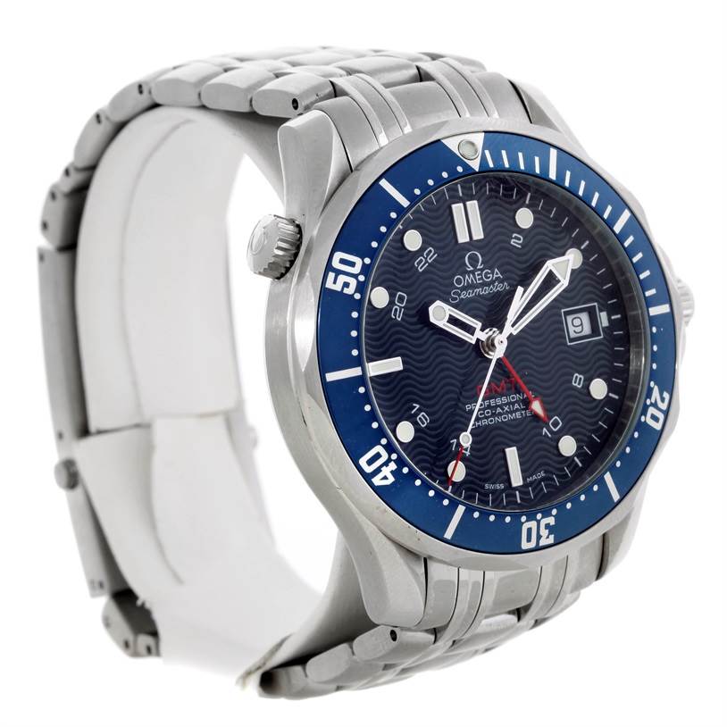 The Omega Seamaster 2535.80.00 Men
s Stainless Steel Blue Dial 2535.80.00 Men
s Stainless Steel Blue Dial watch is shown at a three-quarter angle, displaying the face, bezel, crown, and stainless steel band.