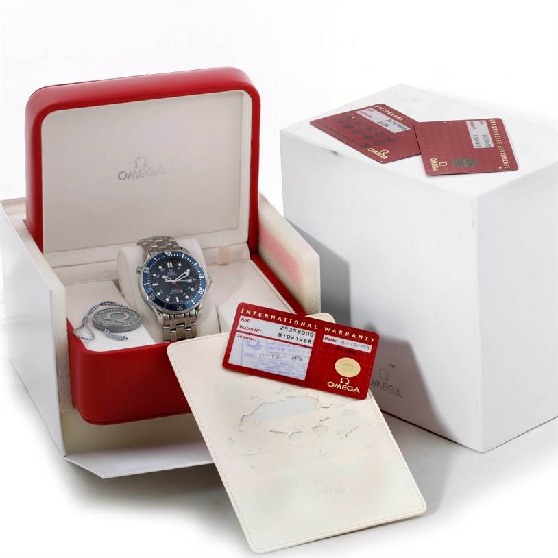 This image shows the Omega Seamaster 2535.80.00 Men
s Stainless Steel Blue Dial 2535.80.00 Men
s Stainless Steel Blue Dial watch inside its box with warranty cards and tags included.