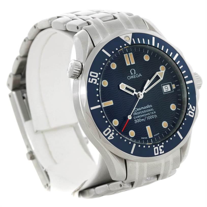 The Omega Seamaster 2531.80.00 Men's Stainless Steel Blue Dial 2531.80.00 Men's Stainless Steel Blue Dial watch is shown at a three-quarter angle, highlighting the face, bezel, and bracelet links.