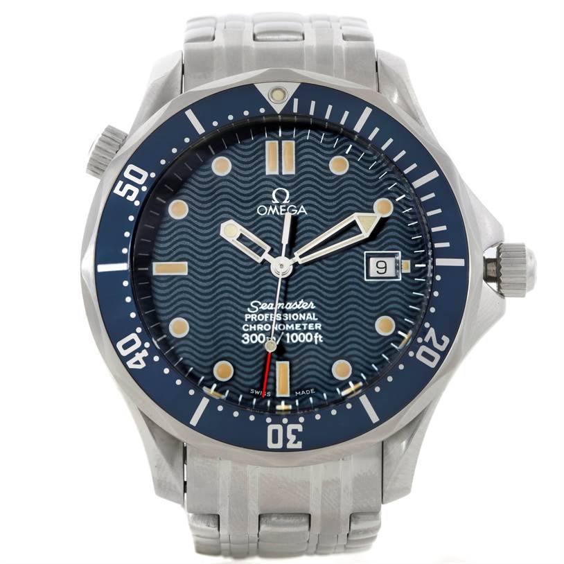 This image shows a front view of an Omega Seamaster 2531.80.00 Men's Stainless Steel Blue Dial 2531.80.00 Men's Stainless Steel Blue Dial watch, displaying the dial, bezel, hands, and bracelet.