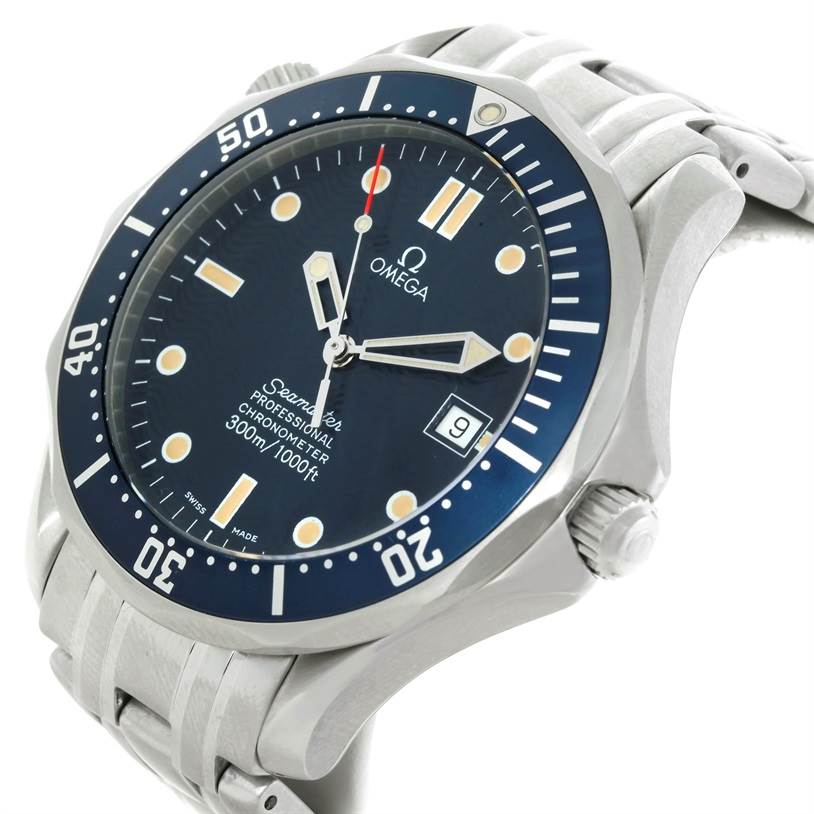 This image shows an angled view of the Omega Seamaster 2531.80.00 Men's Stainless Steel Blue Dial 2531.80.00 Men's Stainless Steel Blue Dial watch, highlighting the dial, bezel, crown, and bracelet.