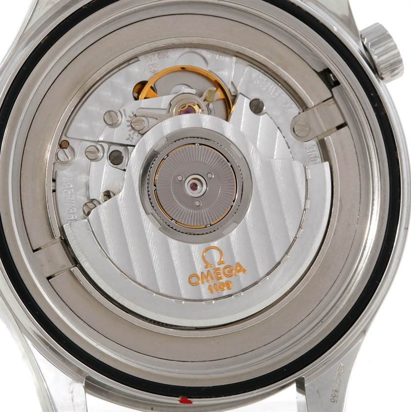 This is a close-up view of the Omega Seamaster 2531.80.00 Men's Stainless Steel Blue Dial 2531.80.00 Men's Stainless Steel Blue Dial's open case back, showing its inner mechanical movement.