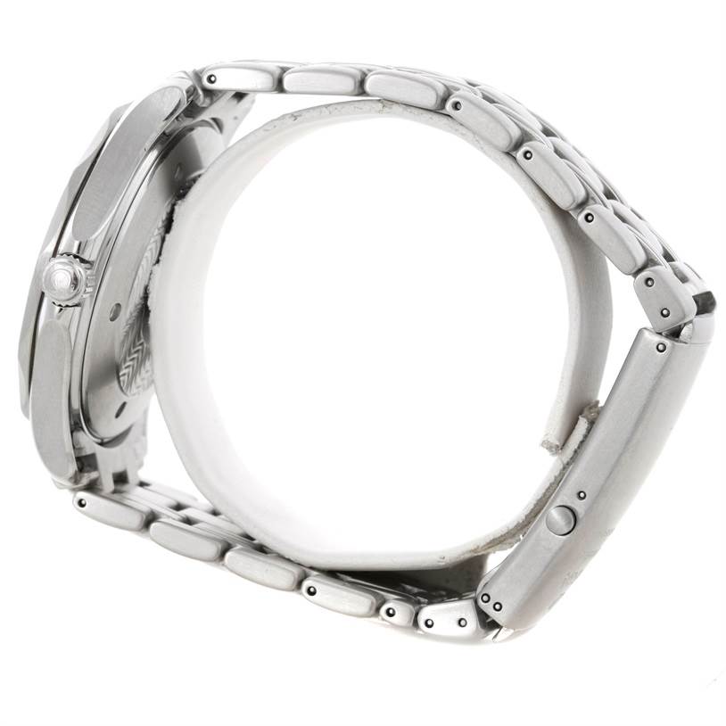 This image displays a side view of the Omega Seamaster 2531.80.00 Men's Stainless Steel Blue Dial 2531.80.00 Men's Stainless Steel Blue Dial watch, showcasing its stainless steel case and bracelet.