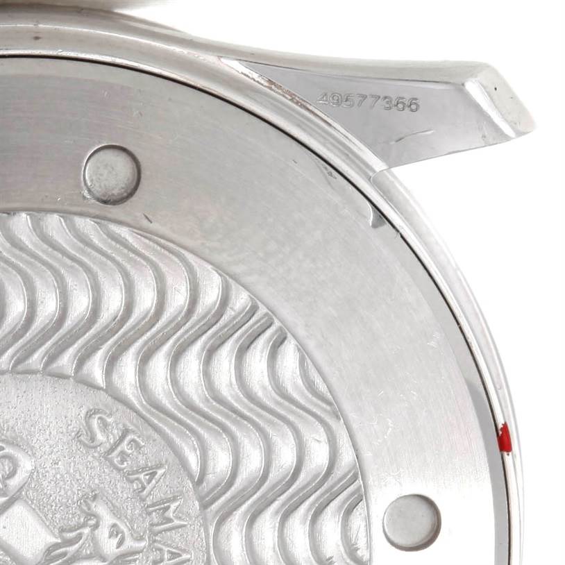 This image shows a close-up of the case back and serial number area of the Omega Seamaster 2531.80.00 Men's Stainless Steel Blue Dial 2531.80.00 Men's Stainless Steel Blue Dial watch.