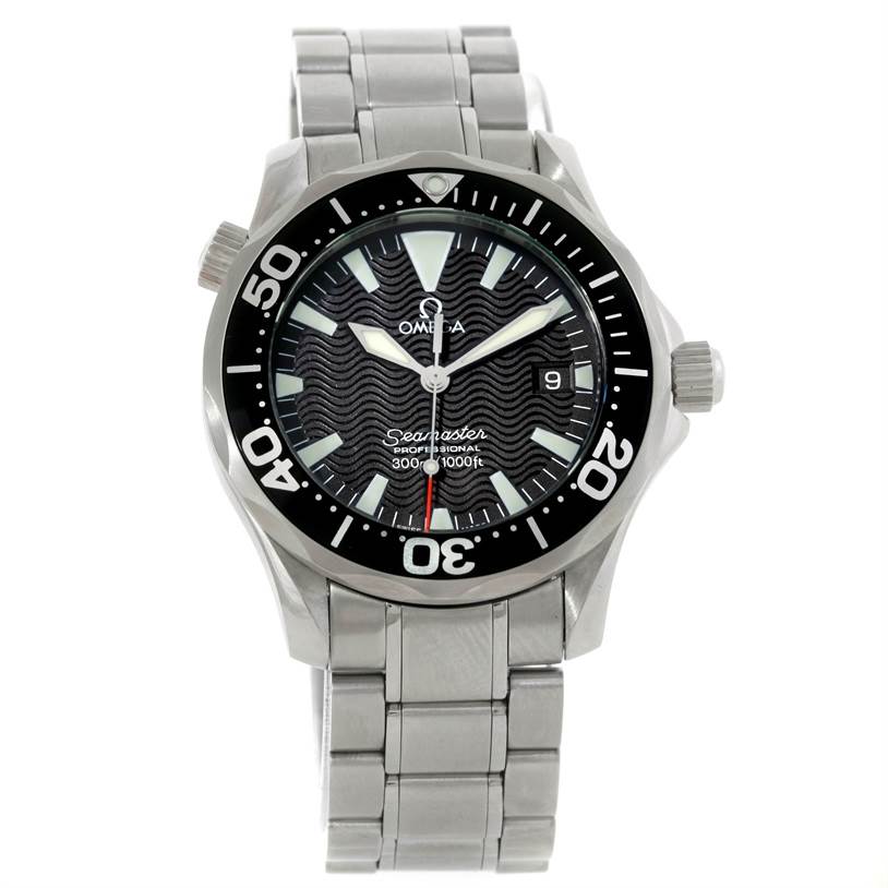 The Omega Seamaster 2262.50.00 Men's Stainless Steel Black Dial 2262.50.00 Men's Stainless Steel Black Dial watch is shown from a front angle, displaying its face, bezel, and metal bracelet.
