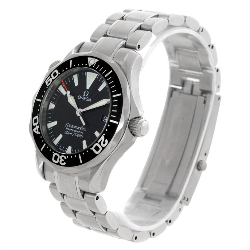 The Omega Seamaster 2262.50.00 Men's Stainless Steel Black Dial 2262.50.00 Men's Stainless Steel Black Dial watch is shown at a front three-quarter angle, displaying its face, bezel, crown, and bracelet.
