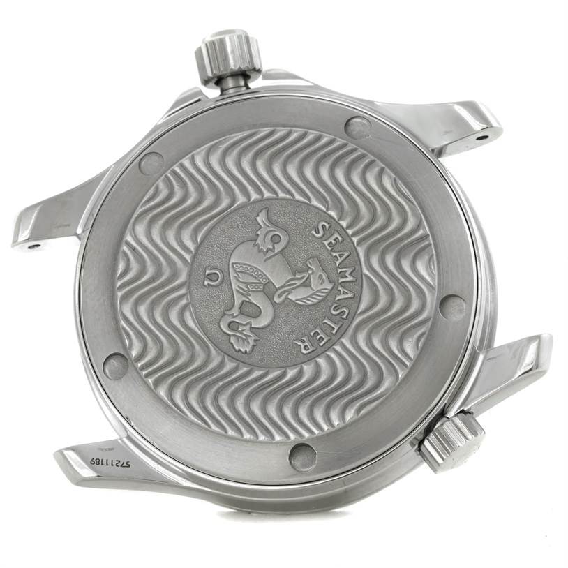 The image shows the case back of an Omega Seamaster 2262.50.00 Men's Stainless Steel Black Dial 2262.50.00 Men's Stainless Steel Black Dial watch, displaying the Seamaster logo and wave pattern.