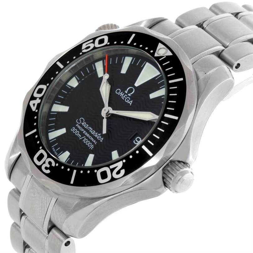 The image shows a top-side angle of an Omega Seamaster 2262.50.00 Men's Stainless Steel Black Dial 2262.50.00 Men's Stainless Steel Black Dial watch, highlighting its black bezel, dial, and stainless steel bracelet.