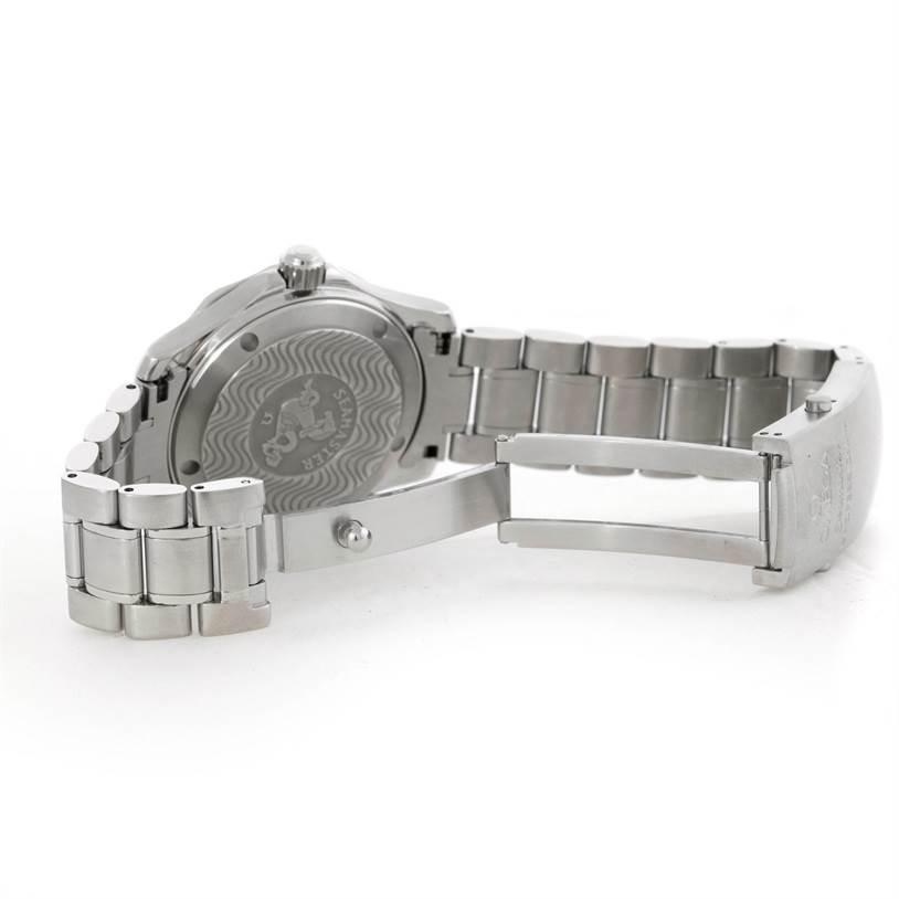 This image shows the Omega Seamaster 2262.50.00 Men's Stainless Steel Black Dial 2262.50.00 Men's Stainless Steel Black Dial watch from the backside, focusing on the open stainless steel bracelet and case back.