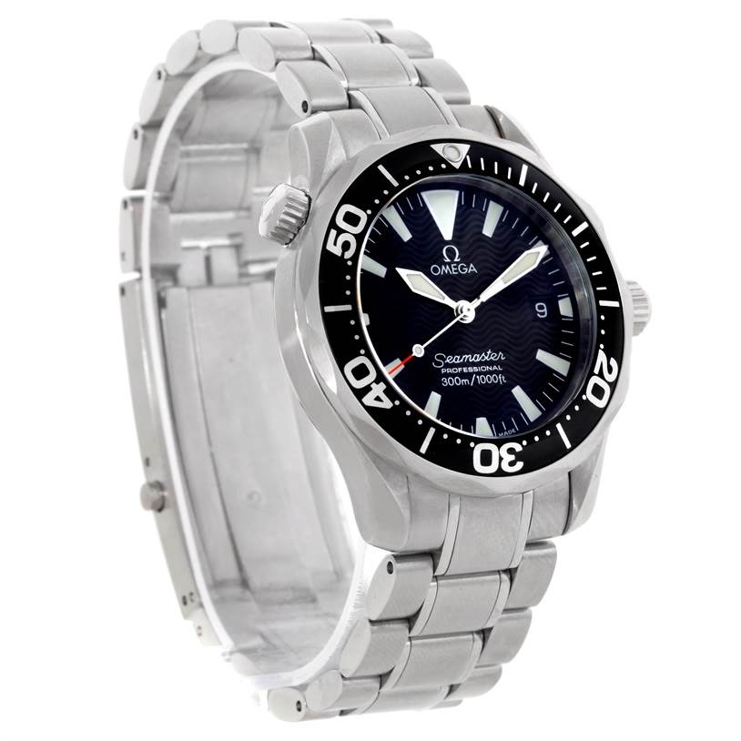 The Omega Seamaster 2262.50.00 Men's Stainless Steel Black Dial 2262.50.00 Men's Stainless Steel Black Dial watch is shown at an angled view, displaying the face, bezel, bracelet, and clasp.