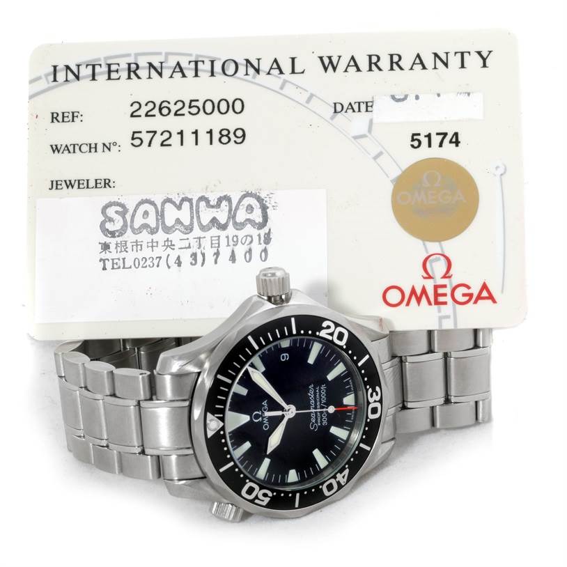 The image shows an Omega Seamaster 2262.50.00 Men's Stainless Steel Black Dial 2262.50.00 Men's Stainless Steel Black Dial watch and its International Warranty card, displaying the watch face and stainless steel bracelet.