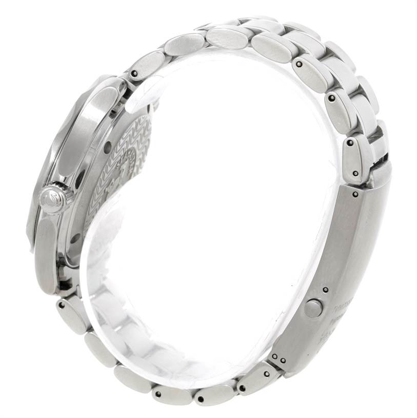 The image shows a side view of the Omega Seamaster 2262.50.00 Men's Stainless Steel Black Dial 2262.50.00 Men's Stainless Steel Black Dial watch, highlighting its stainless steel case and bracelet.