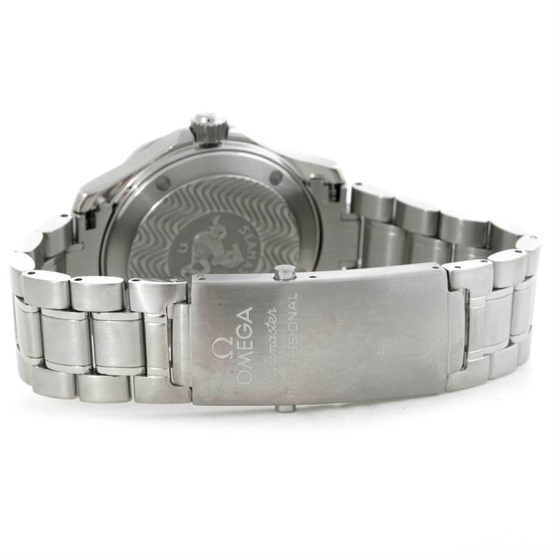 The image shows the back view of an Omega Seamaster 2262.50.00 Men's Stainless Steel Black Dial 2262.50.00 Men's Stainless Steel Black Dial watch, focusing on the stainless steel bracelet and clasp.