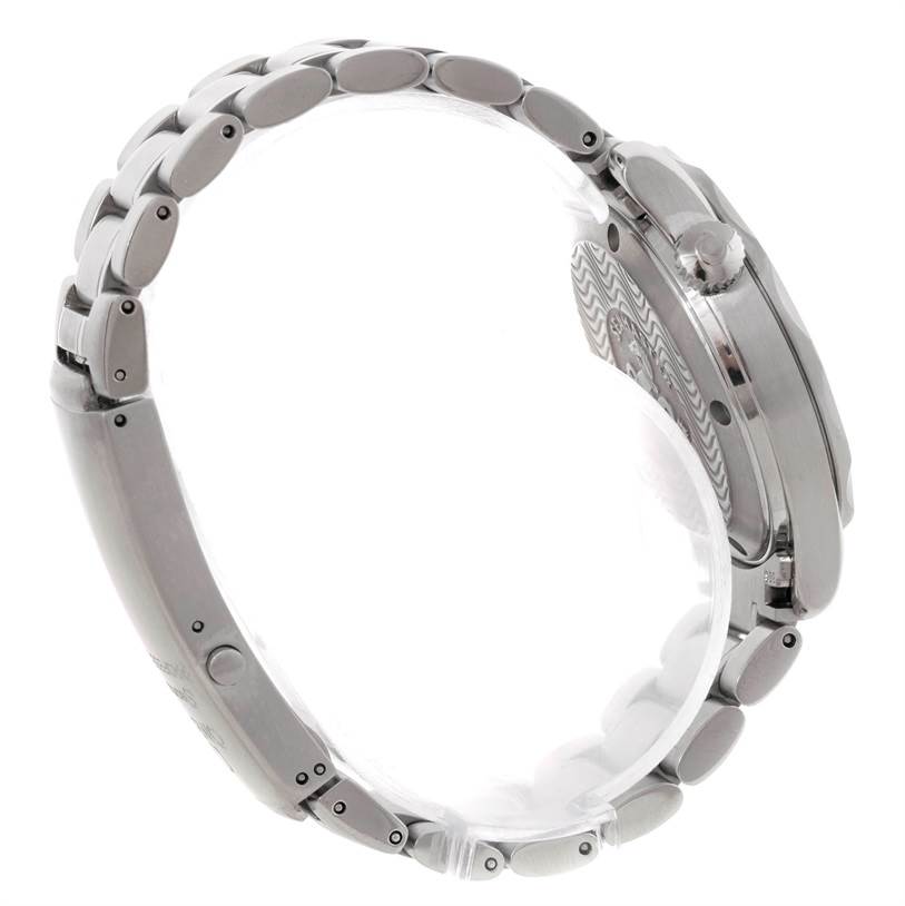 The image shows the Omega Seamaster 2262.50.00 Men's Stainless Steel Black Dial 2262.50.00 Men's Stainless Steel Black Dial watch from a side angle, highlighting the bracelet, crown, and part of the case back.