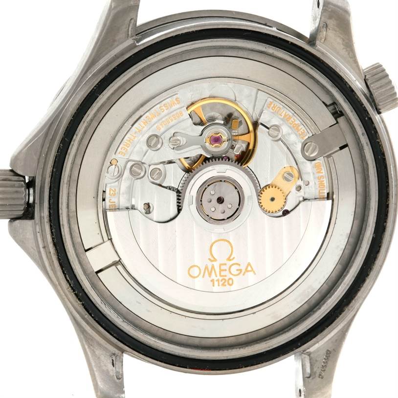 This image shows the back view of an Omega Seamaster 2231.80.00 Men
s Titanium Blue Dial 2231.80.00 Men
s Titanium Blue Dial watch, highlighting its 1120 automatic movement.