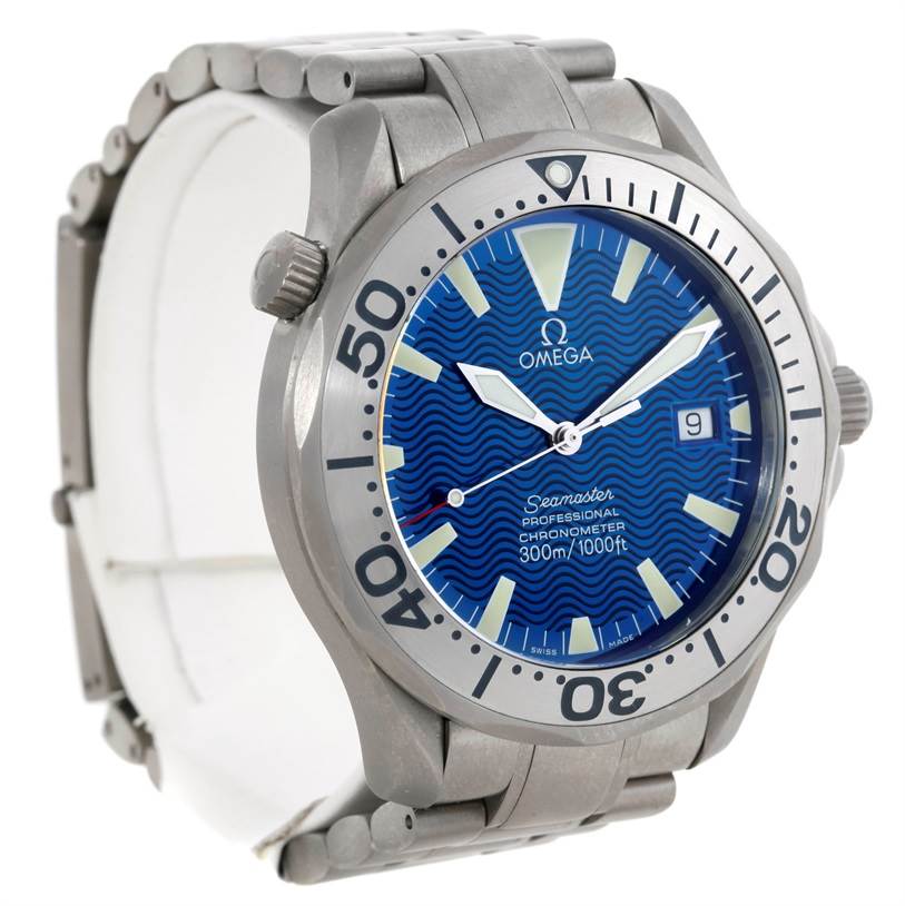 The image shows an Omega Seamaster 2231.80.00 Men
s Titanium Blue Dial 2231.80.00 Men
s Titanium Blue Dial watch from a front angle, highlighting the bezel, dial, hands, crown, and part of the bracelet.