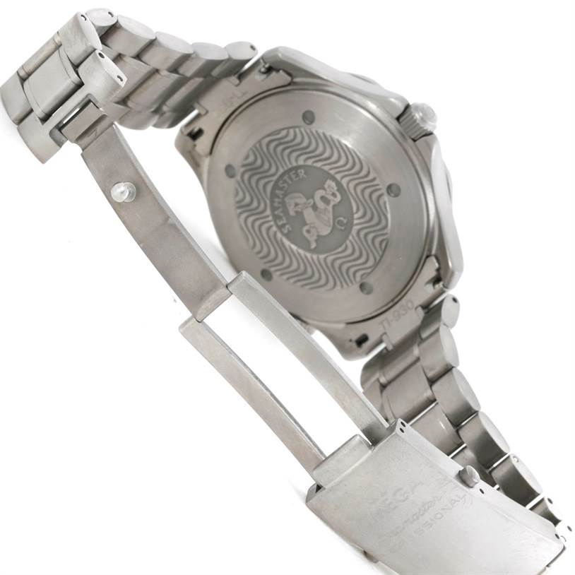 The image shows the back and clasp of an Omega Seamaster 2231.80.00 Men
s Titanium Blue Dial 2231.80.00 Men
s Titanium Blue Dial watch, highlighting the case back engravings and part of the metal bracelet.