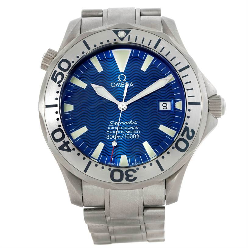This image displays a front view of an Omega Seamaster 2231.80.00 Men
s Titanium Blue Dial 2231.80.00 Men
s Titanium Blue Dial watch showing the dial, bezel, and part of the metal bracelet.