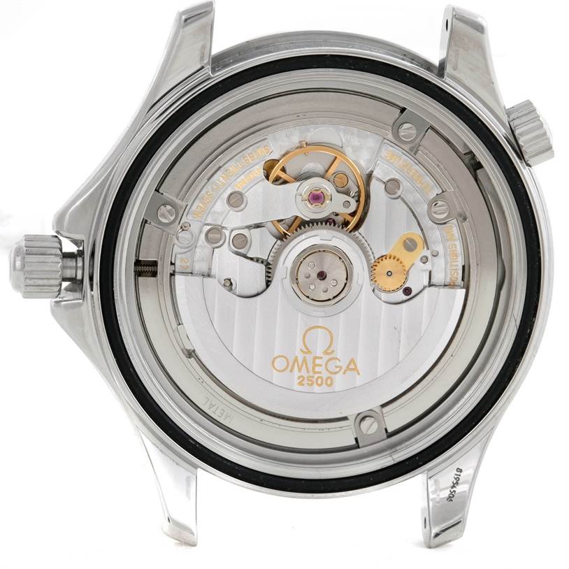 The image shows the back view of an Omega Seamaster 212.30.41.20.01.001 Men
s Stainless Steel Black Dial 212.30.41.20.01.001 Men
s Stainless Steel Black Dial watch, revealing its internal mechanical parts and movement labeled "Omega 2500."