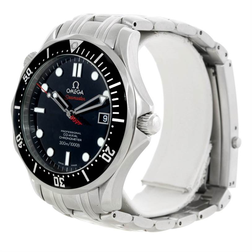 The image shows an angled view of the Omega Seamaster 212.30.41.20.01.001 Men
s Stainless Steel Black Dial 212.30.41.20.01.001 Men
s Stainless Steel Black Dial watch, highlighting its bezel, dial, and bracelet.