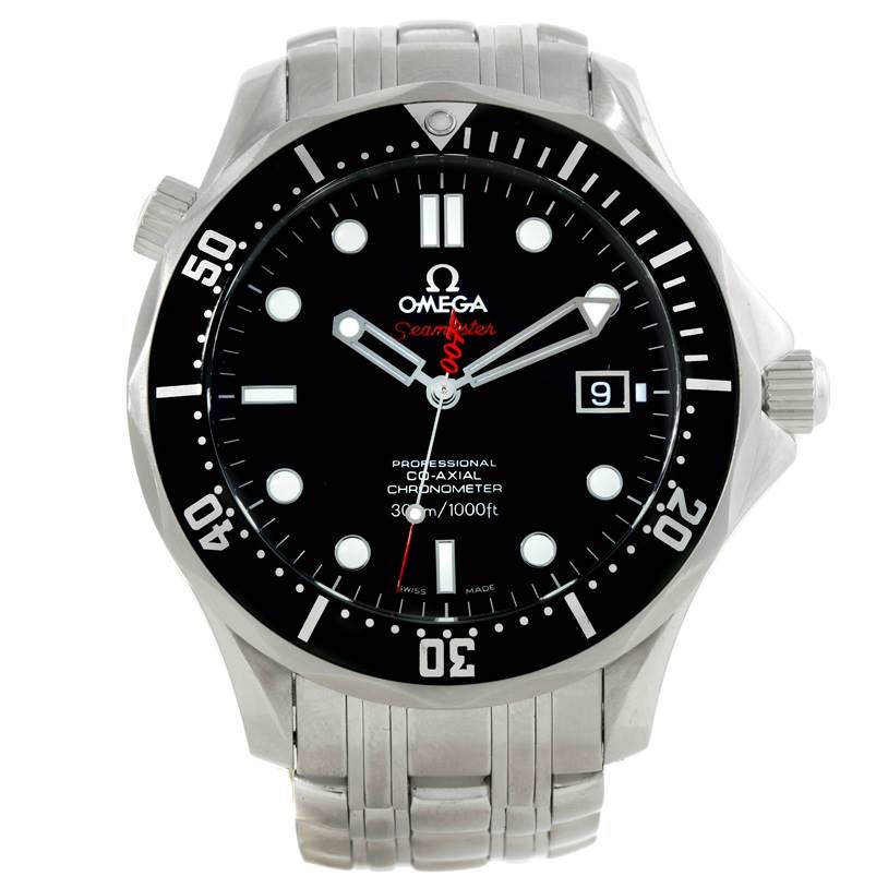 This Omega Seamaster 212.30.41.20.01.001 Men
s Stainless Steel Black Dial 212.30.41.20.01.001 Men
s Stainless Steel Black Dial watch is shown from a front angle, displaying its dial, bezel, crown, and stainless steel bracelet.