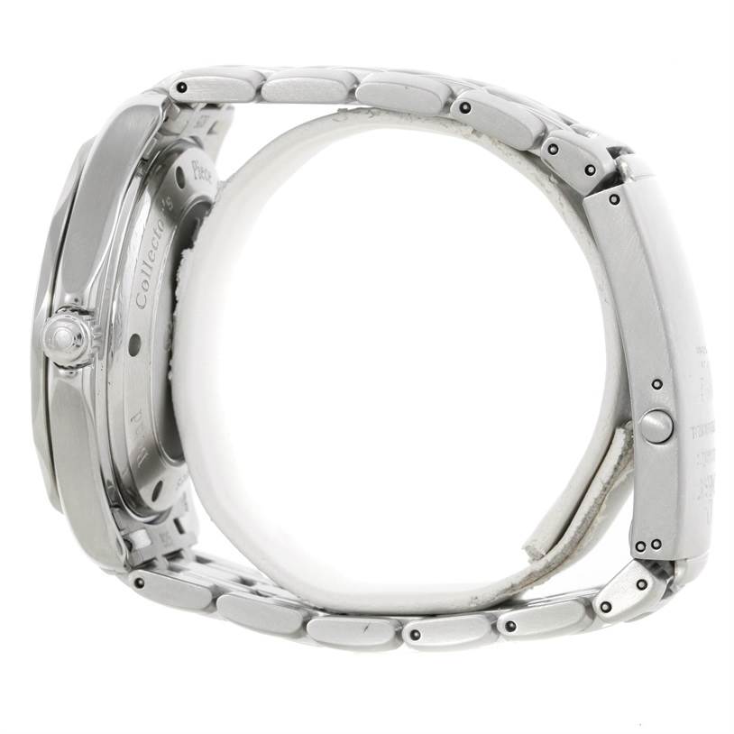 The image shows the side profile of an Omega Seamaster 212.30.41.20.01.001 Men
s Stainless Steel Black Dial 212.30.41.20.01.001 Men
s Stainless Steel Black Dial watch, highlighting the crown and metal bracelet.