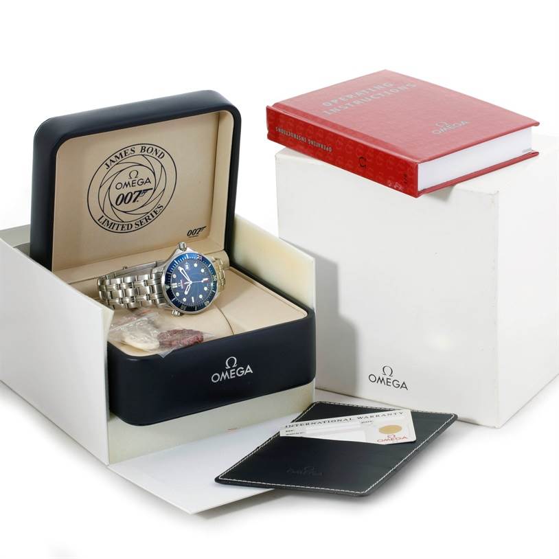 The Omega Seamaster 2226.80.00 Men's Stainless Steel Blue Dial 2226.80.00 Men's Stainless Steel Blue Dial watch is shown at eye level in its box with accompanying accessories, including a manual and warranty card.