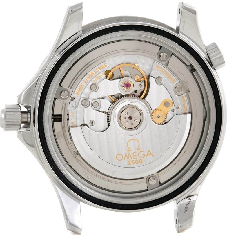 The image shows the back view of an Omega Seamaster 2226.80.00 Men's Stainless Steel Blue Dial 2226.80.00 Men's Stainless Steel Blue Dial watch, revealing the inner mechanical movement.