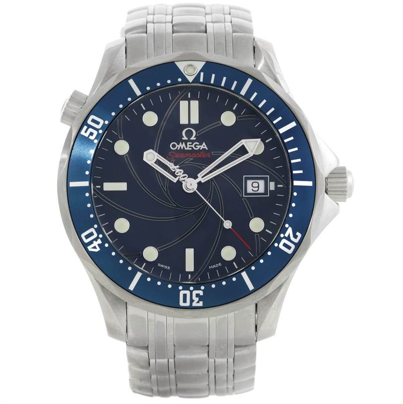 The image shows a front view of the Omega Seamaster 2226.80.00 Men's Stainless Steel Blue Dial 2226.80.00 Men's Stainless Steel Blue Dial watch, featuring the dial, bezel, and part of the bracelet.