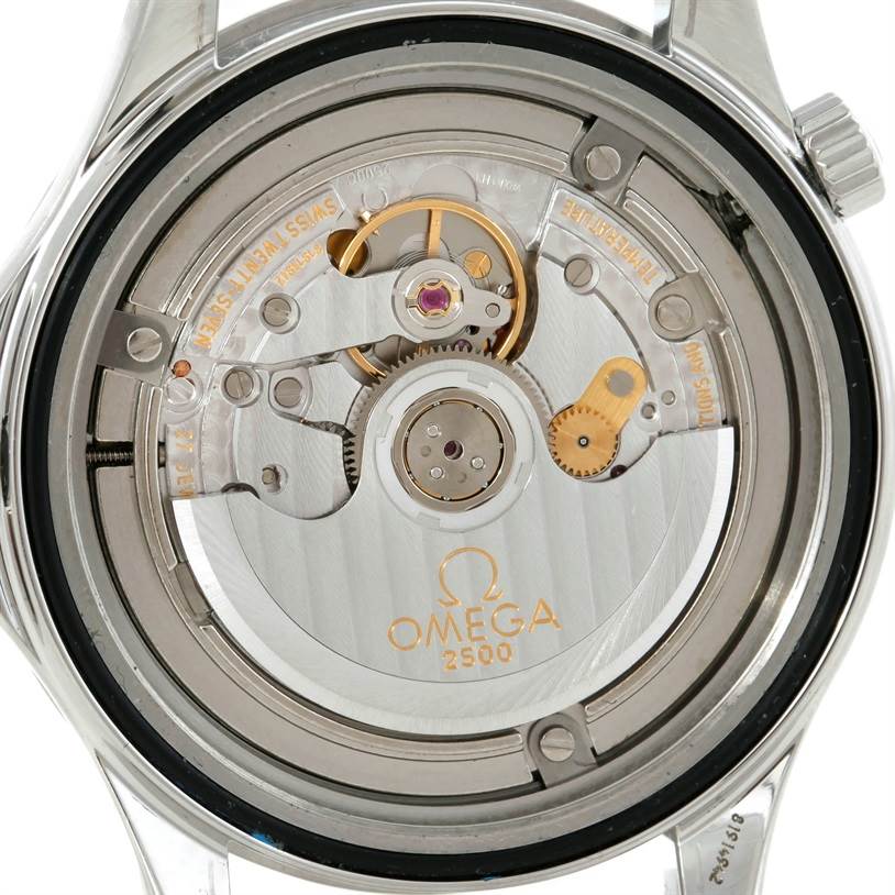 The image shows the back view of the Omega Seamaster 2220.80.00 Men's Stainless Steel Blue Dial 2220.80.00 Men's Stainless Steel Blue Dial, highlighting the movement and inner workings.