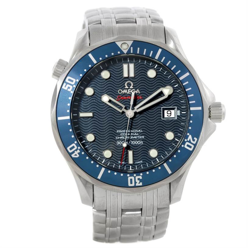The Omega Seamaster 2220.80.00 Men's Stainless Steel Blue Dial 2220.80.00 Men's Stainless Steel Blue Dial watch is shown from the front, displaying the face, bezel, and part of the metal strap.