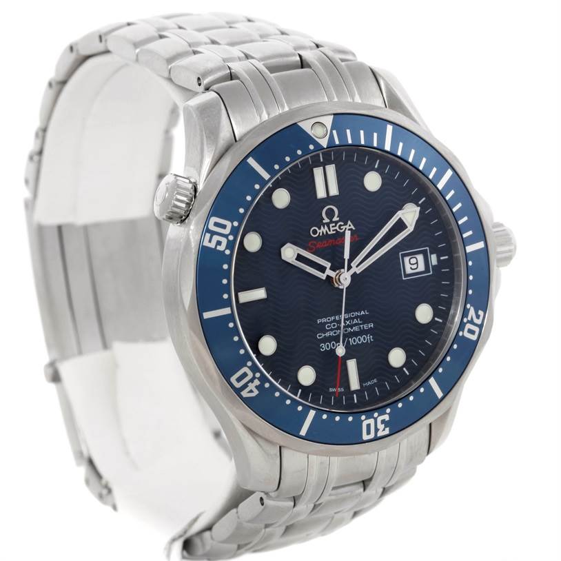 The image shows an angled front view of an Omega Seamaster 2220.80.00 Men's Stainless Steel Blue Dial 2220.80.00 Men's Stainless Steel Blue Dial watch, emphasizing the dial, bezel, and bracelet.