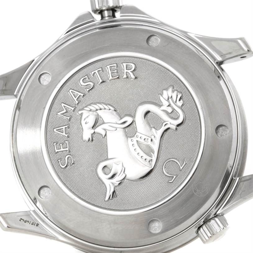 The image shows the back case of an Omega Seamaster 2220.80.00 Men's Stainless Steel Blue Dial 2220.80.00 Men's Stainless Steel Blue Dial watch, featuring the iconic emblem and branding.