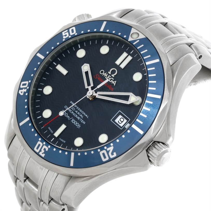 The image shows a close-up angle of an Omega Seamaster 2220.80.00 Men's Stainless Steel Blue Dial 2220.80.00 Men's Stainless Steel Blue Dial watch, highlighting the dial, bezel, crown, and part of the bracelet.
