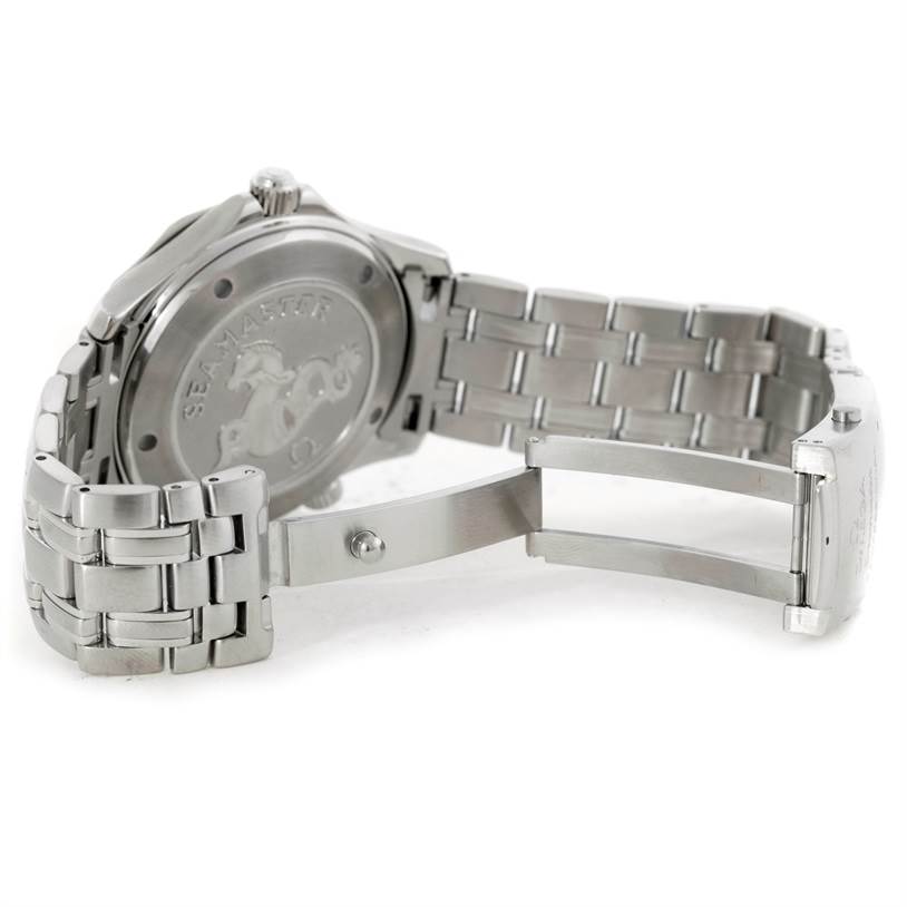 The Omega Seamaster 2220.80.00 Men's Stainless Steel Blue Dial 2220.80.00 Men's Stainless Steel Blue Dial is shown from the back, featuring an open clasp and the engraved case back.