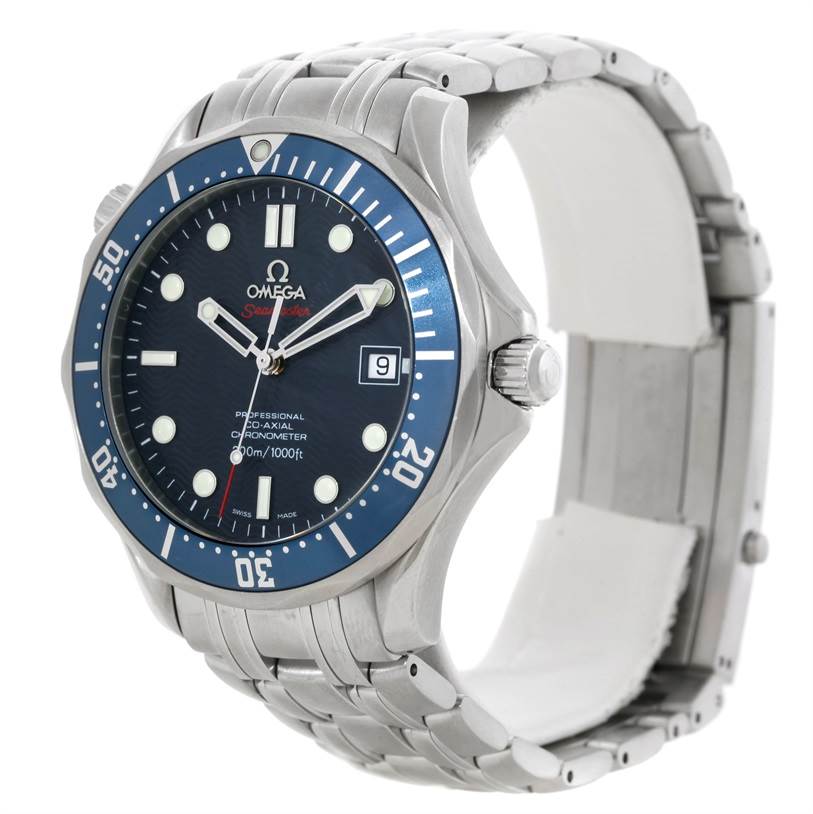 The image shows an Omega Seamaster 2220.80.00 Men's Stainless Steel Blue Dial 2220.80.00 Men's Stainless Steel Blue Dial watch angled from the front-left, displaying the face, bezel, and part of the bracelet.