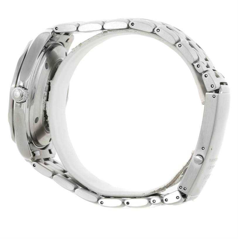 This image shows a side profile of the Omega Seamaster 2220.80.00 Men's Stainless Steel Blue Dial 2220.80.00 Men's Stainless Steel Blue Dial watch, highlighting the bracelet and the edge of the case.