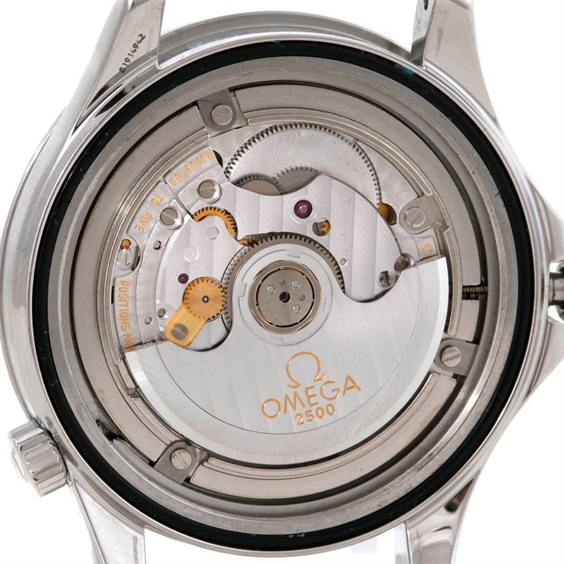 This image shows the back of an Omega Seamaster 2220.80.00 Men's Stainless Steel Blue Dial 2220.80.00 Men's Stainless Steel Blue Dial watch, revealing the intricate mechanics of the movement.