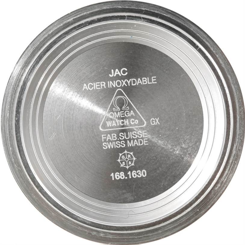 This is the inside view of the back case of an Omega Seamaster 2220.80.00 Men's Stainless Steel Blue Dial 2220.80.00 Men's Stainless Steel Blue Dial watch, displaying model and manufacturing details.