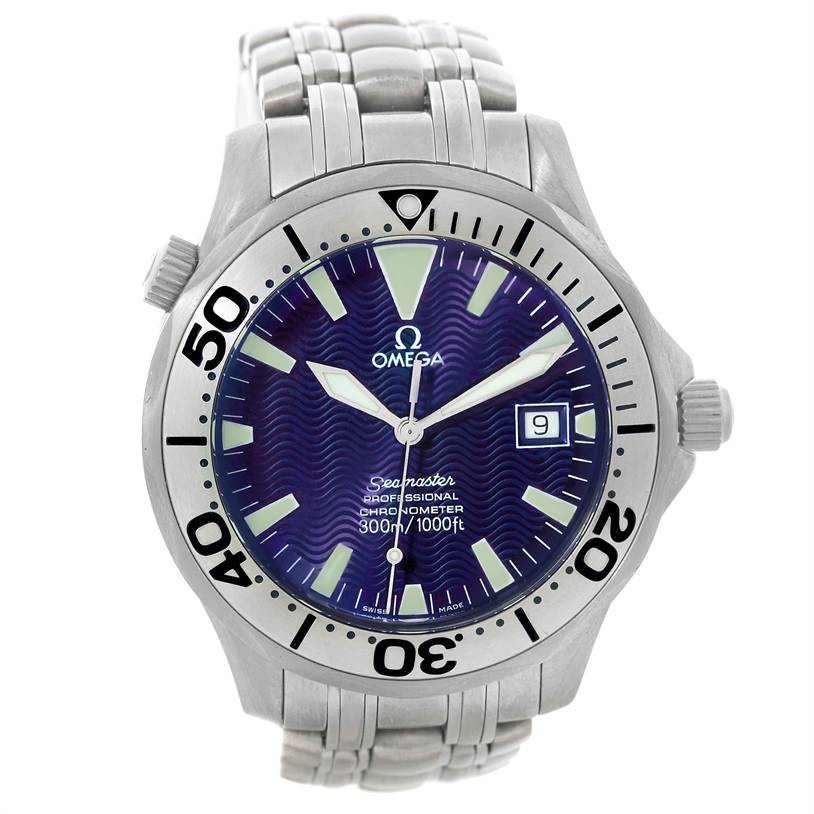This Omega Seamaster 2231.80.00 Men's Titanium Blue Dial 2231.80.00 Men's Titanium Blue Dial watch is shown from the front angle, displaying the dial, bezel, crown, and part of the bracelet.