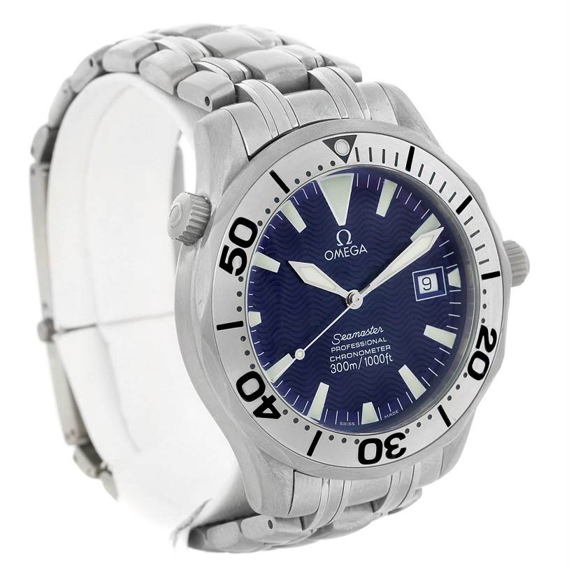 The image shows an angled view of an Omega Seamaster 2231.80.00 Men's Titanium Blue Dial 2231.80.00 Men's Titanium Blue Dial watch, highlighting its bezel, blue dial, and bracelet.