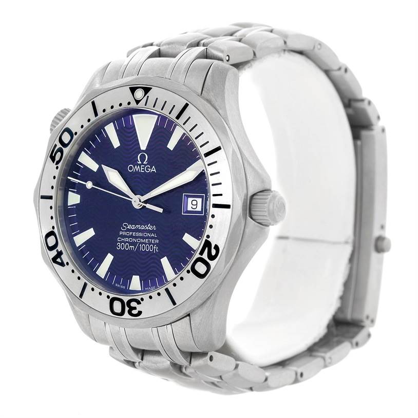The image shows an angled view of the Omega Seamaster 2231.80.00 Men's Titanium Blue Dial 2231.80.00 Men's Titanium Blue Dial watch, highlighting the face, bezel, crown, and part of the bracelet.