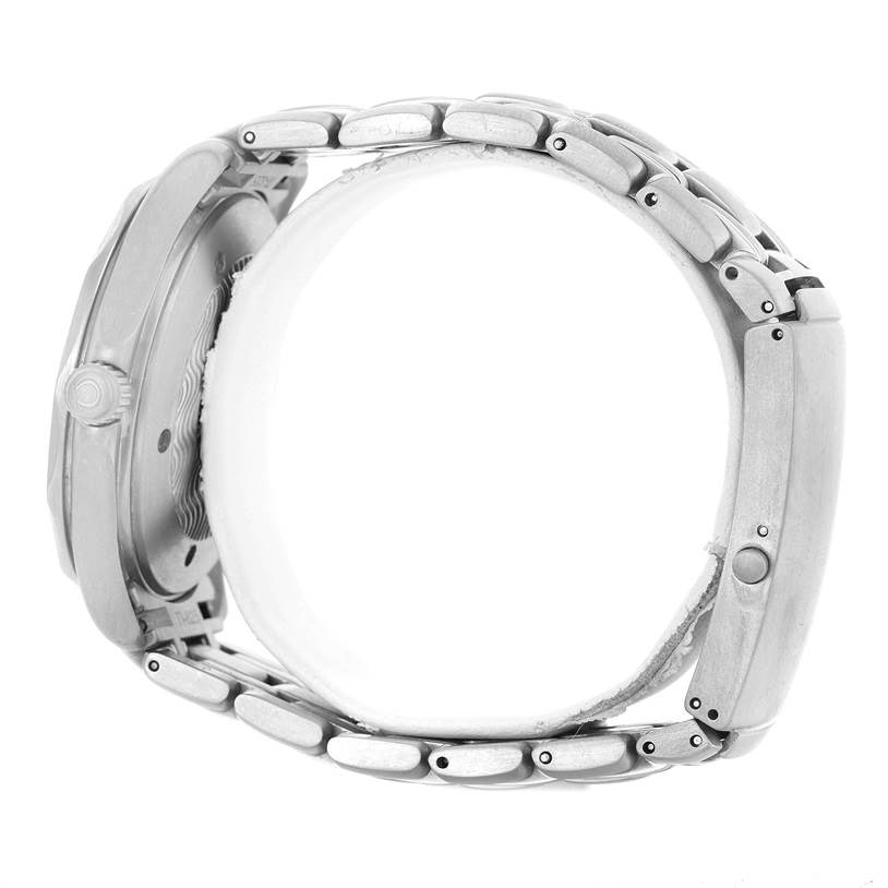 This image shows a side view of the Omega Seamaster 2231.80.00 Men's Titanium Blue Dial 2231.80.00 Men's Titanium Blue Dial watch, highlighting its stainless steel bracelet and case.