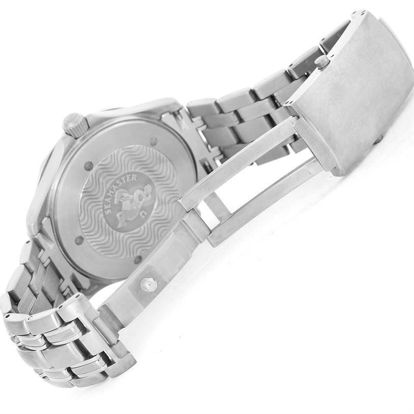 The image shows the back and bracelet of an Omega Seamaster 2231.80.00 Men's Titanium Blue Dial 2231.80.00 Men's Titanium Blue Dial watch, highlighting the case back engraving and clasp.