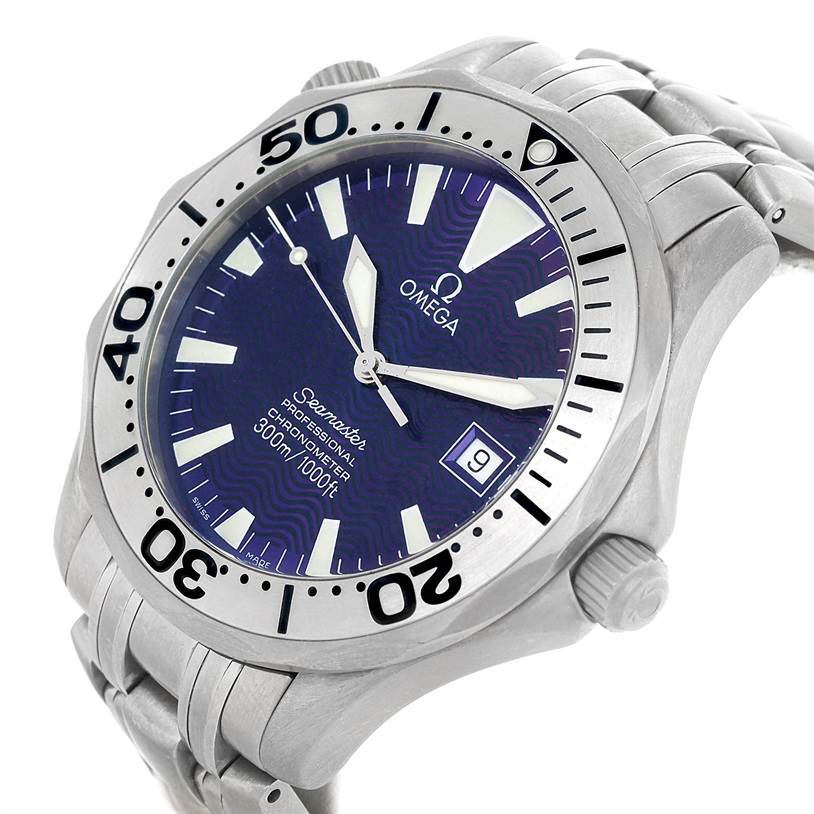 The image shows a side-angle view of the Omega Seamaster 2231.80.00 Men's Titanium Blue Dial 2231.80.00 Men's Titanium Blue Dial watch, displaying its bezel, dial, bracelet, and crown.
